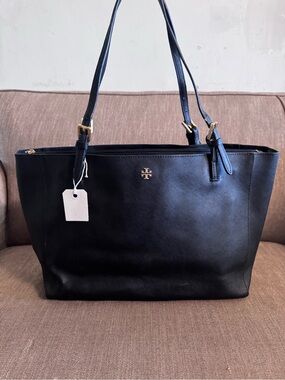 Tory Burch Black Leather Saffiano Tote with Gold Logo